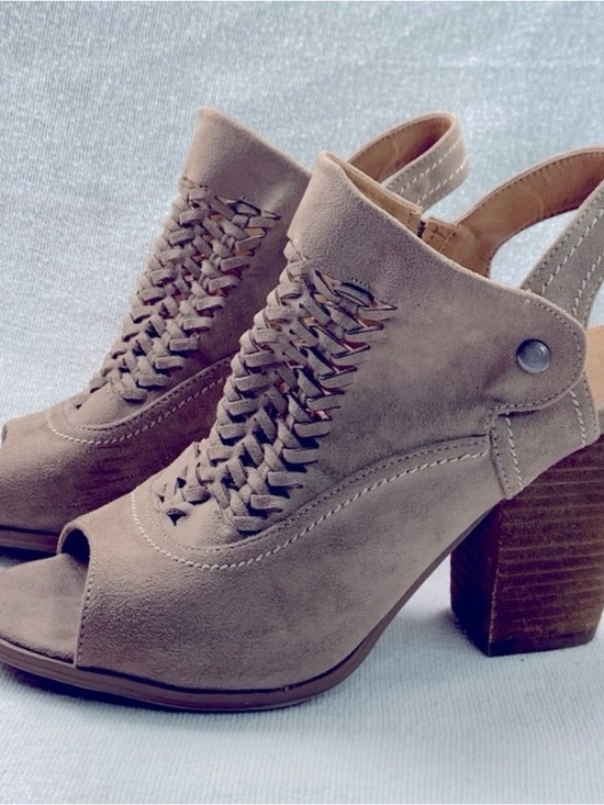 Shoes - Women's Taupe Suede Peep-Toe Block Heel Slingback